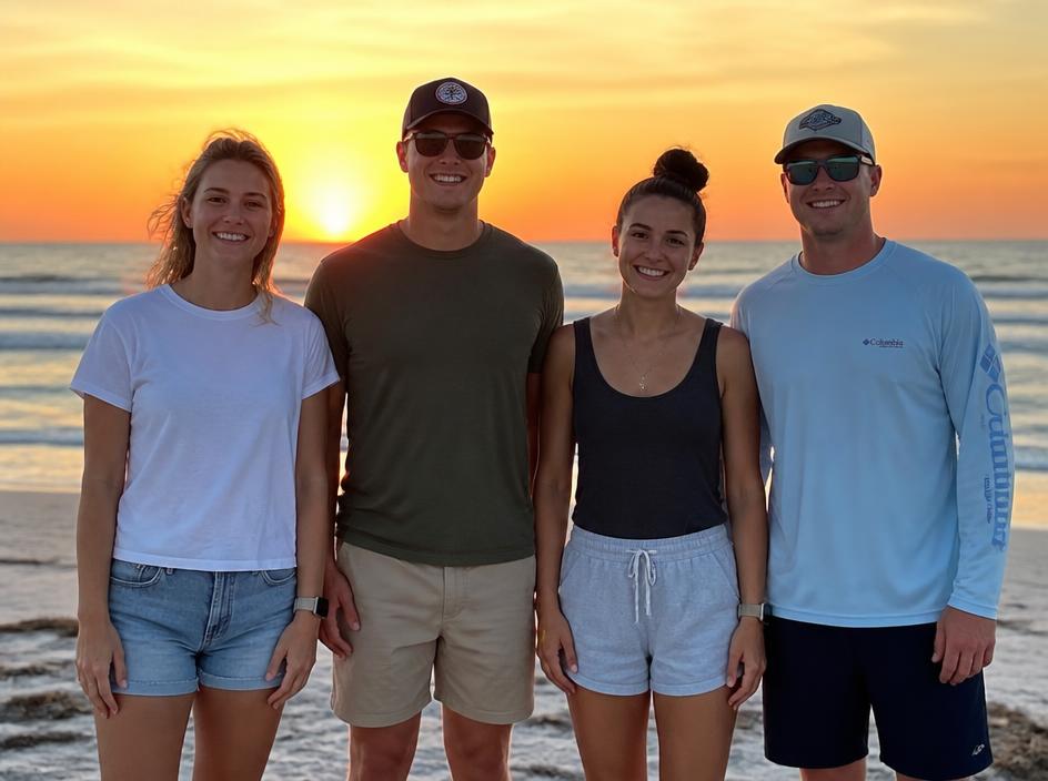 Friends on the beach at sunset after an OFFLINE social