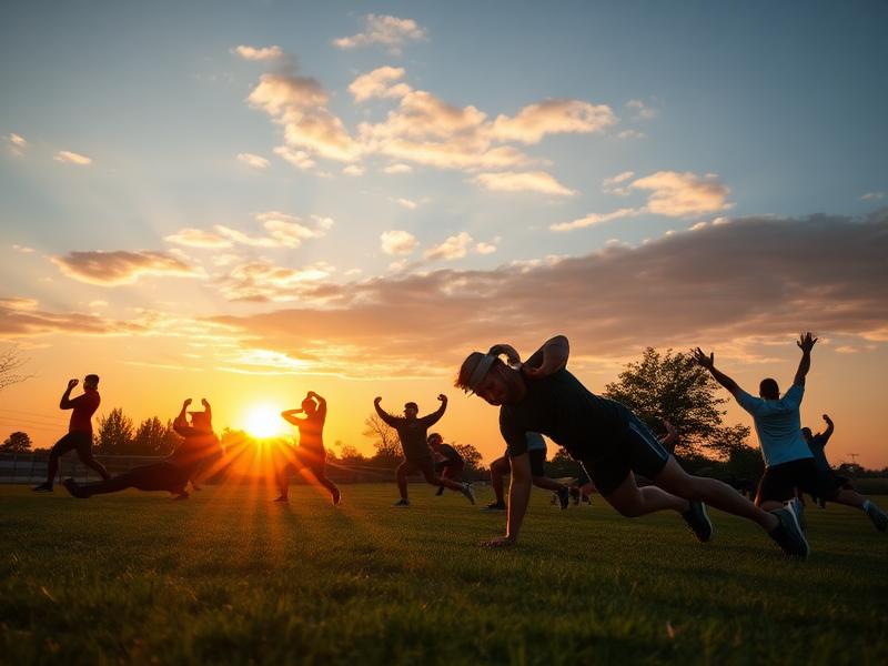 Outdoor group bootcamp at sunset