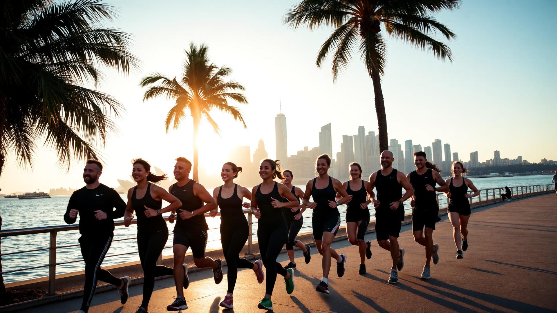 A group running together along a palm-lined waterfront at sunrise